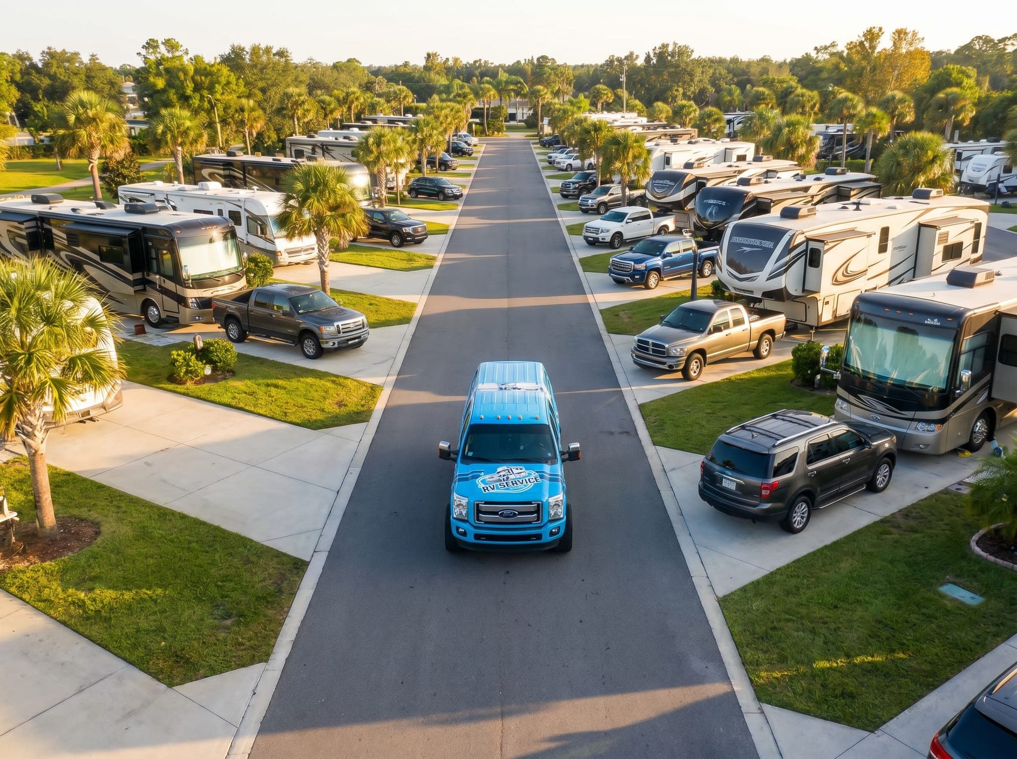 An RV Service Club van at a Florida RV resort at golden hour