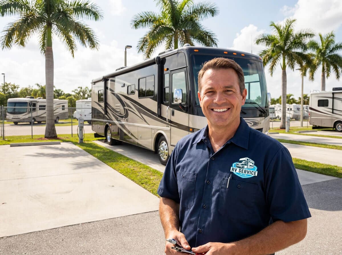 RV Service Club technician beside a motorhome at a Florida RV resort