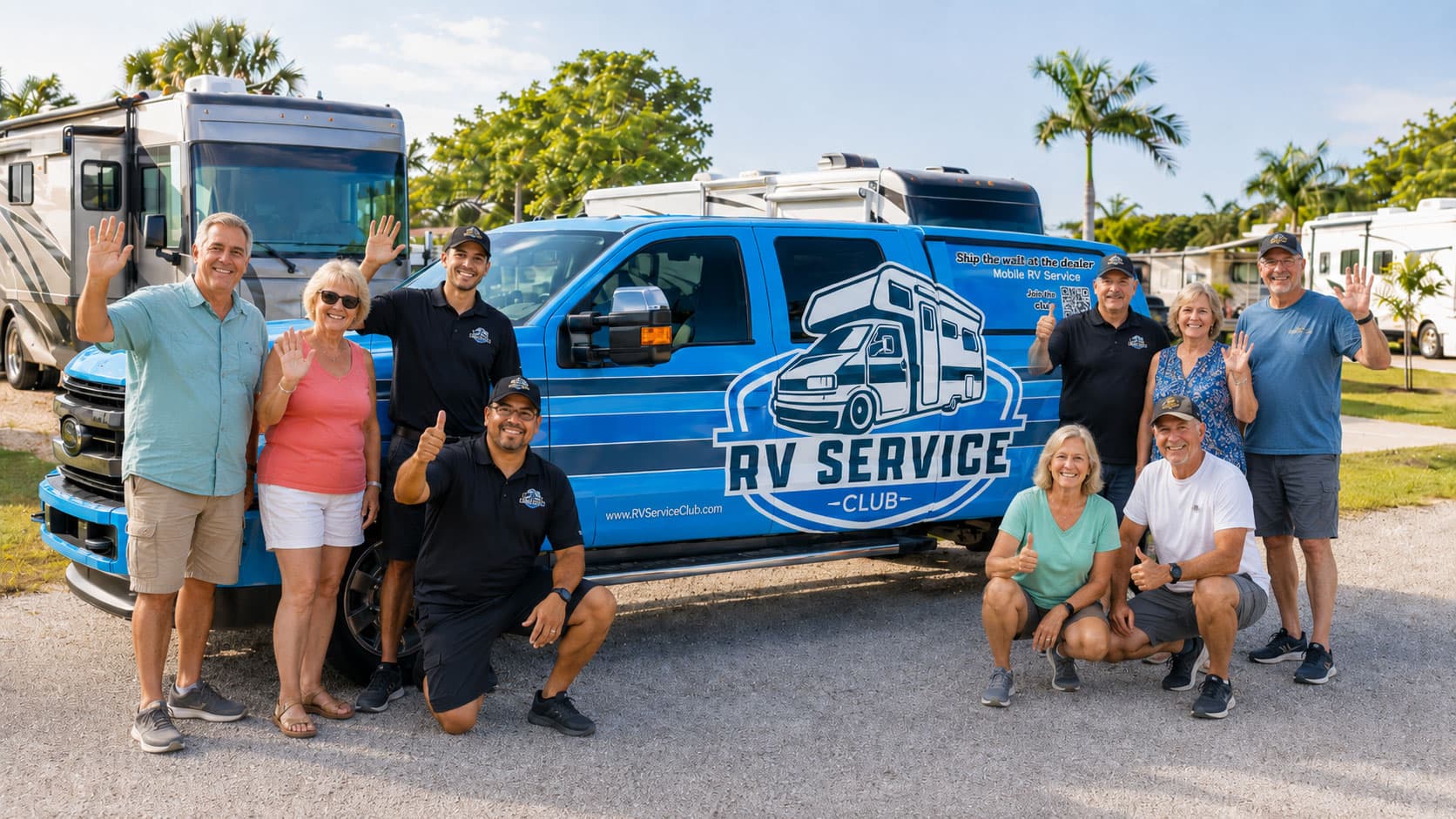 The RV Service Club team and customers beside the branded service van at a Tampa Bay RV park